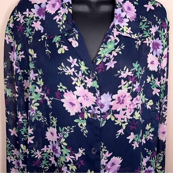 Vintage Large Haband Blue Purple Floral Semi Sheer Blouse Button Front 90s - Picture 5 of 12